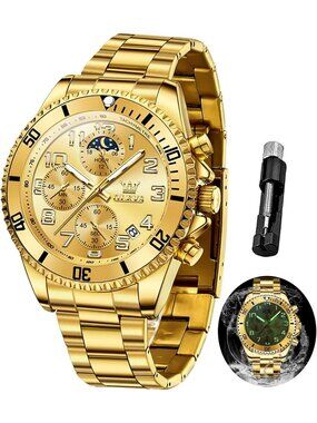 Men's Gold Stainless Steel Chronograph Analog Quartz Waterproof Luxury Watch
